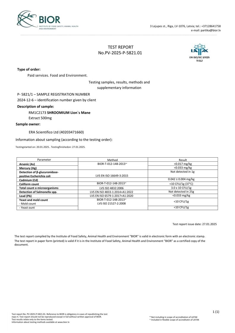 Third party laboratory test confirms Shroomium Lion’s Mane extract is safe and pure – free from heavy metals, pesticides, and mold COA