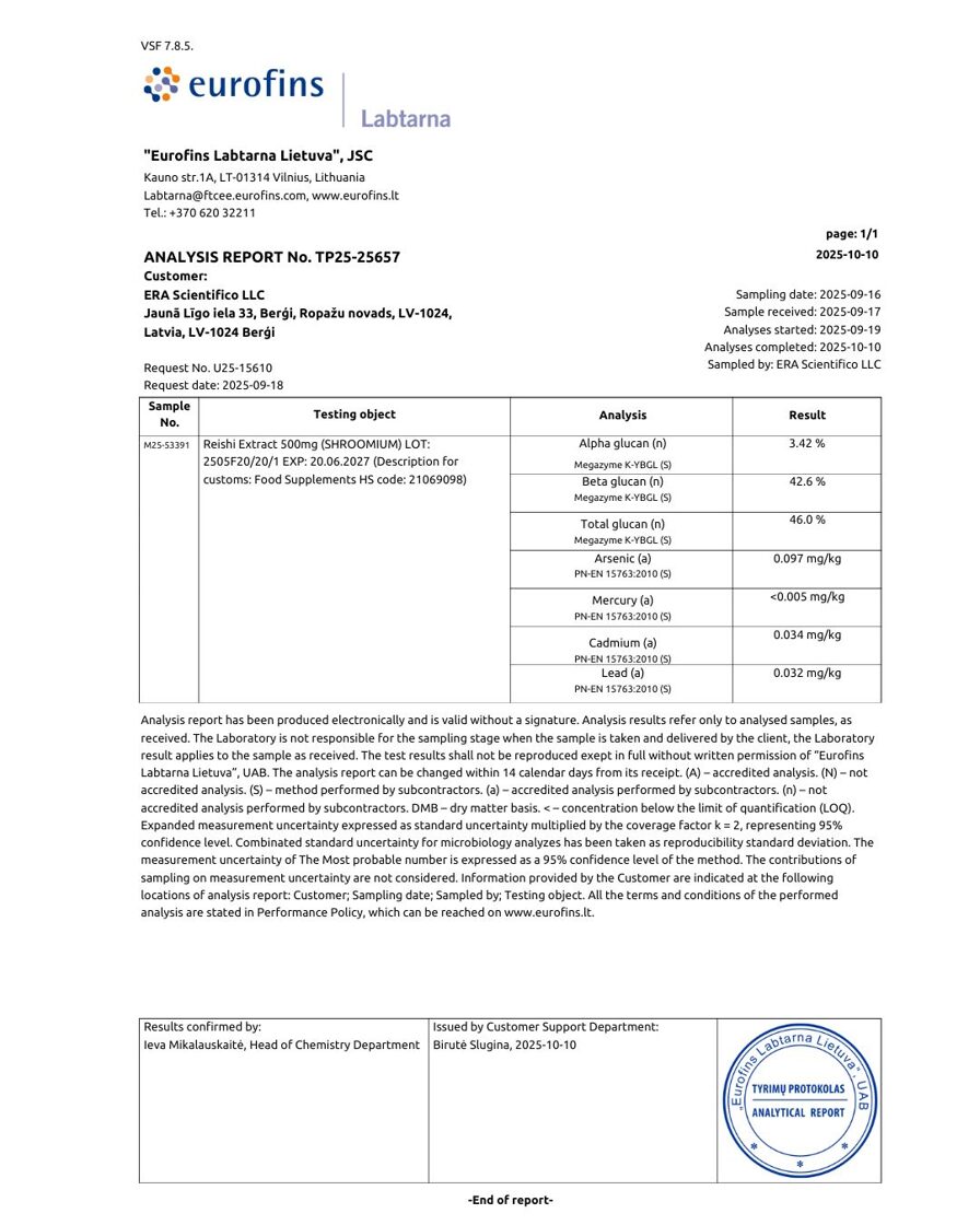 Shroomium Reishi mushroom COA tested by Eurofins showing beta-glucan content and free from heavy metals and pesticides, certified high-quality functional mushrooms